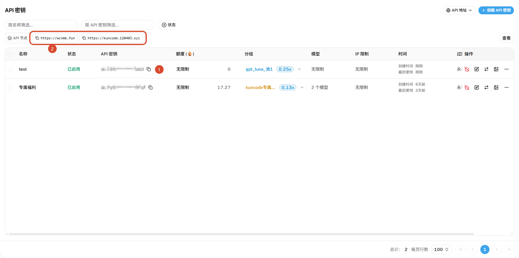 在列表中复制密钥并查看 API 节点